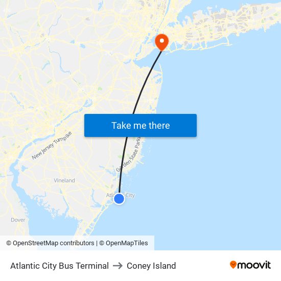 Atlantic City Bus Terminal to Coney Island map