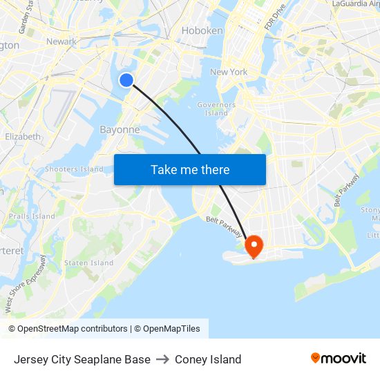 Jersey City Seaplane Base to Coney Island map