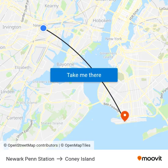 Newark Penn Station to Coney Island map
