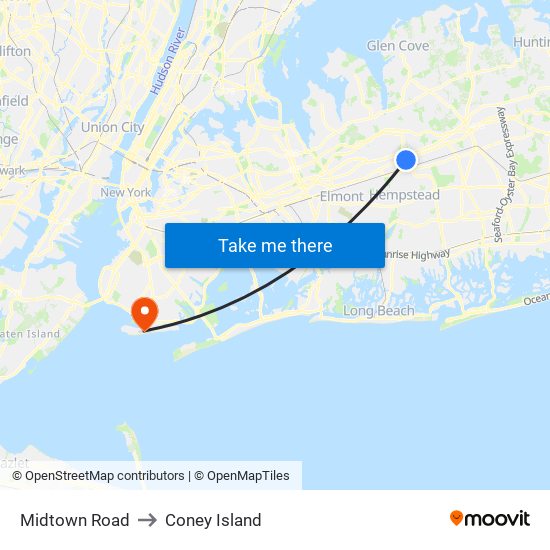 Midtown Road to Coney Island map