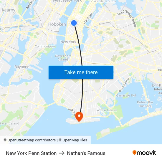 New York Penn Station to Nathan's Famous map