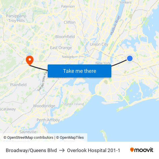 Broadway/Queens Blvd to Overlook Hospital 201-1 map