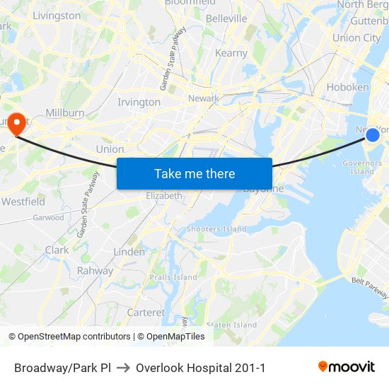 Broadway/Park Pl to Overlook Hospital 201-1 map