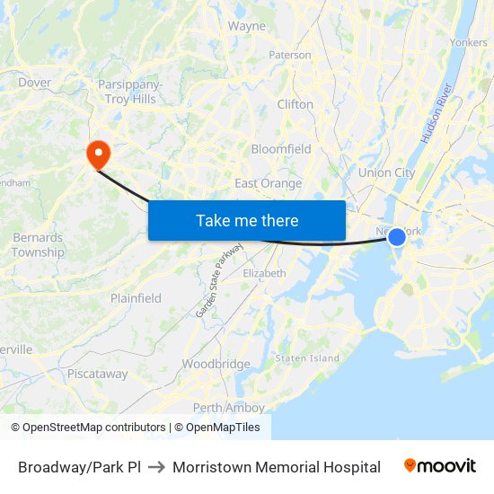 Broadway/Park Pl to Morristown Memorial Hospital map