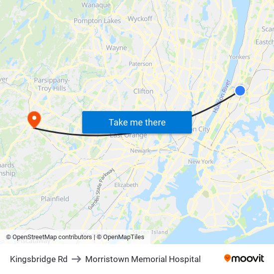 Kingsbridge Rd to Morristown Memorial Hospital map
