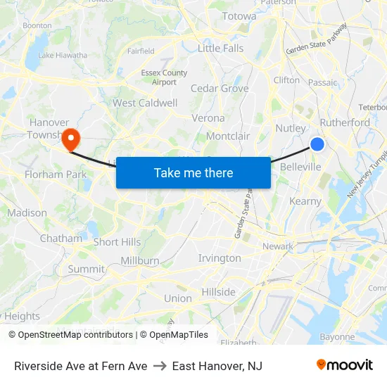 Riverside Ave at Fern Ave to East Hanover, NJ map