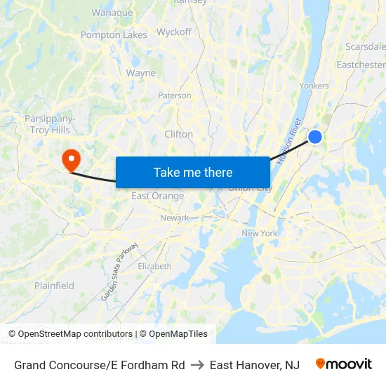 Grand Concourse/E Fordham Rd to East Hanover, NJ map