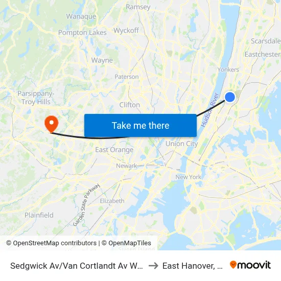 Sedgwick Av/Van Cortlandt Av West to East Hanover, NJ map