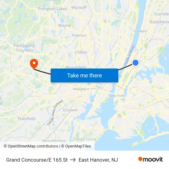 Grand Concourse/E 165 St to East Hanover, NJ map