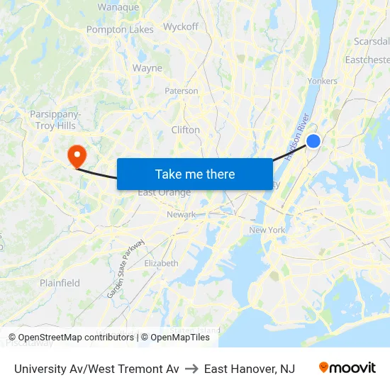University Av/West Tremont Av to East Hanover, NJ map