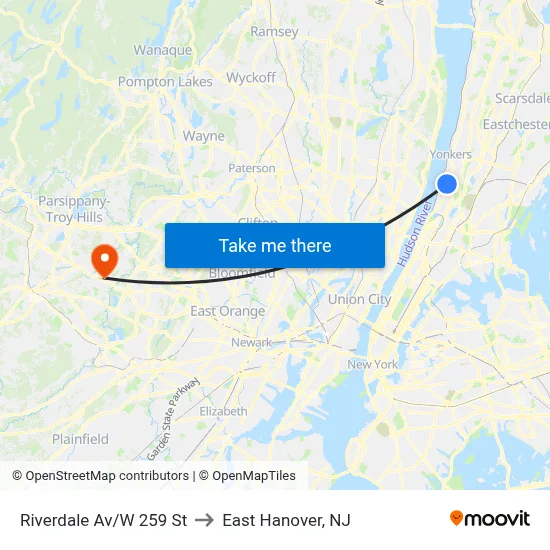 Riverdale Av/W 259 St to East Hanover, NJ map