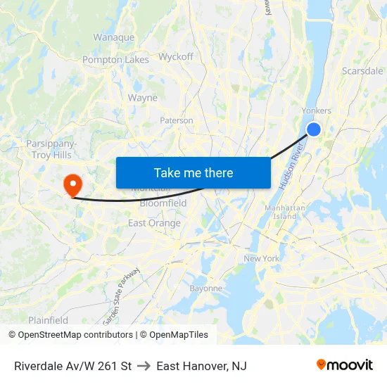Riverdale Av/W 261 St to East Hanover, NJ map