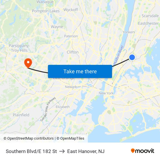 Southern Blvd/E 182 St to East Hanover, NJ map