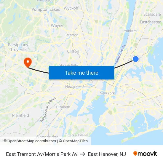 East Tremont Av/Morris Park Av to East Hanover, NJ map