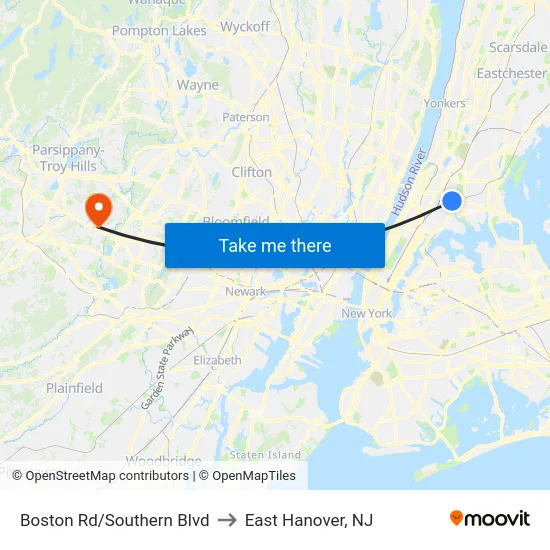 Boston Rd/Southern Blvd to East Hanover, NJ map