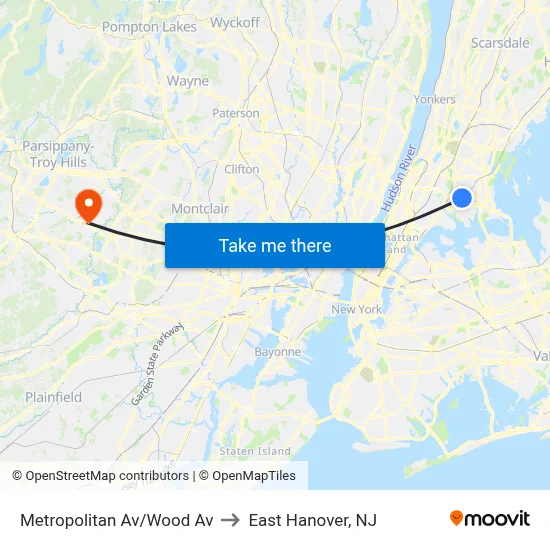 Metropolitan Av/Wood Av to East Hanover, NJ map