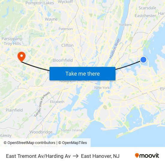 East Tremont Av/Harding Av to East Hanover, NJ map