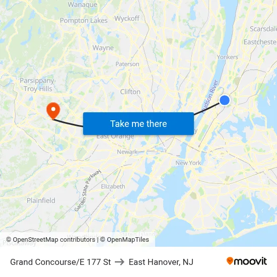 Grand Concourse/E 177 St to East Hanover, NJ map
