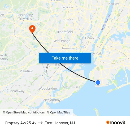 Cropsey Av/25 Av to East Hanover, NJ map