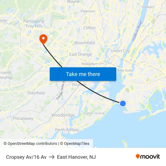 Cropsey Av/16 Av to East Hanover, NJ map