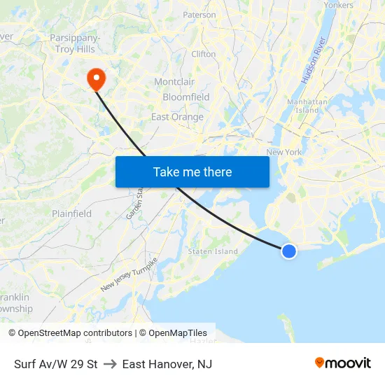 Surf Av/W 29 St to East Hanover, NJ map