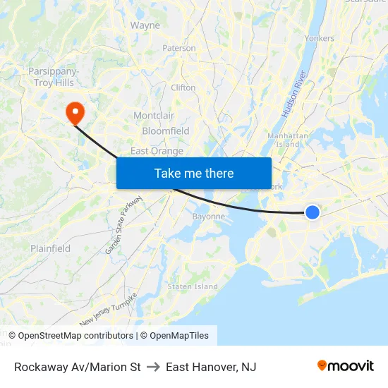 Rockaway Av/Marion St to East Hanover, NJ map