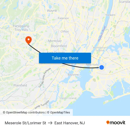 Meserole St/Lorimer St to East Hanover, NJ map