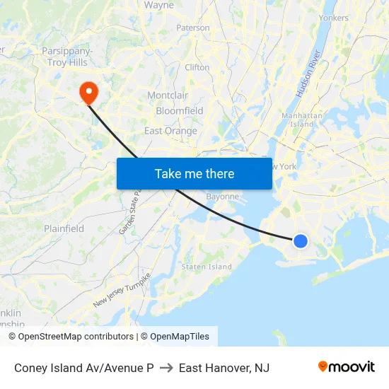 Coney Island Av/Avenue P to East Hanover, NJ map