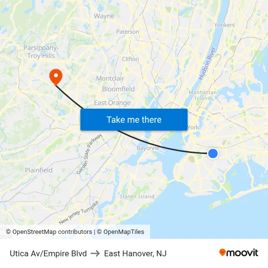 Utica Av/Empire Blvd to East Hanover, NJ map