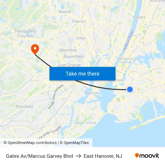 Gates Av/Marcus Garvey Blvd to East Hanover, NJ map