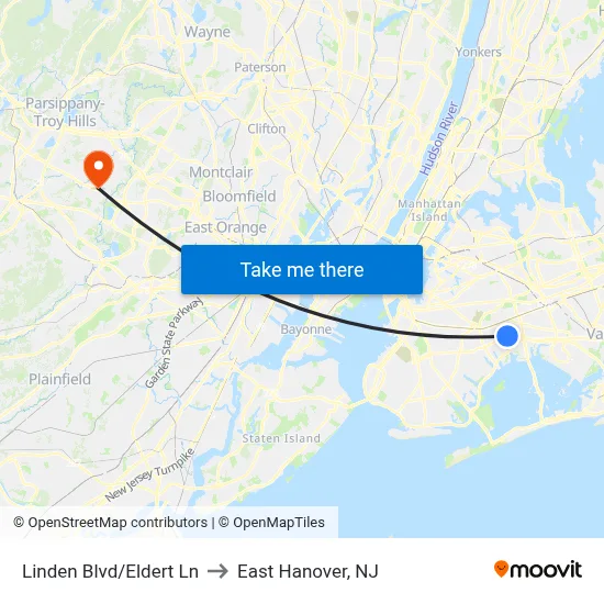 Linden Blvd/Eldert Ln to East Hanover, NJ map