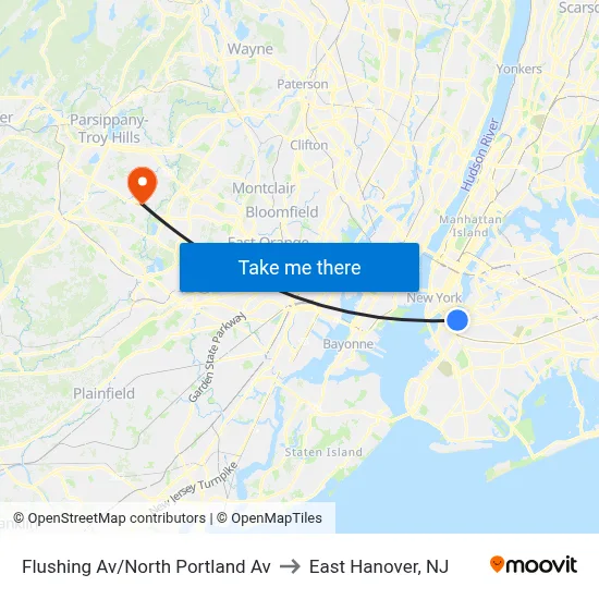 Flushing Av/North Portland Av to East Hanover, NJ map