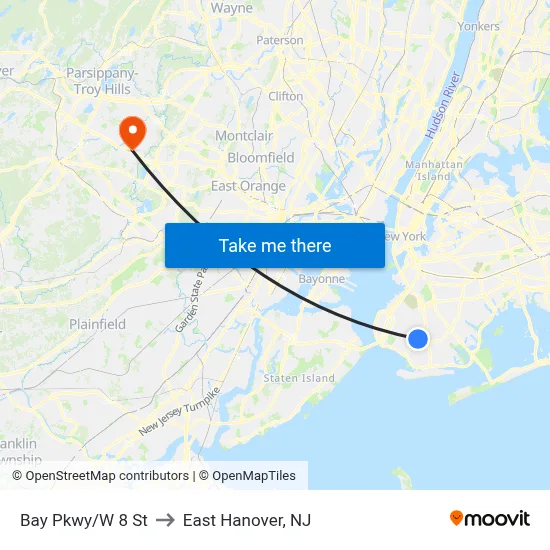 Bay Pkwy/W 8 St to East Hanover, NJ map