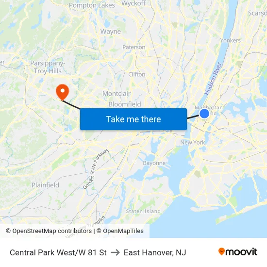 Central Park West/W 81 St to East Hanover, NJ map