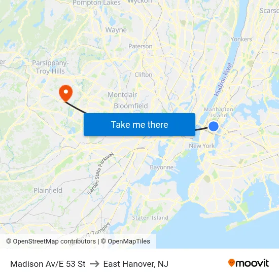 Madison Av/E 53 St to East Hanover, NJ map