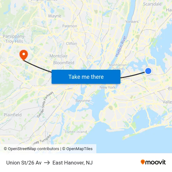 Union St/26 Av to East Hanover, NJ map