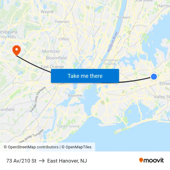 73 Av/210 St to East Hanover, NJ map