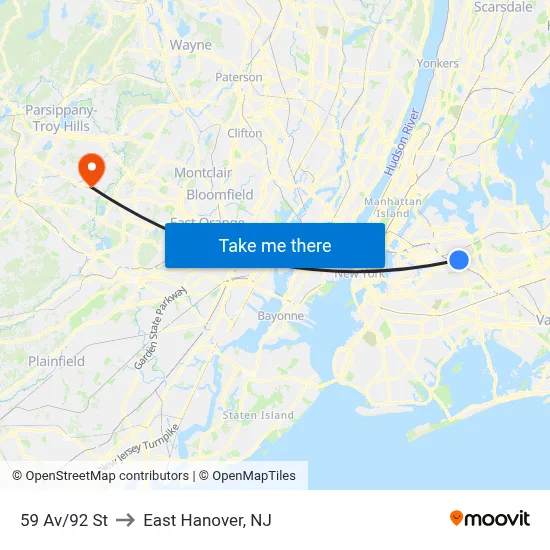 59 Av/92 St to East Hanover, NJ map