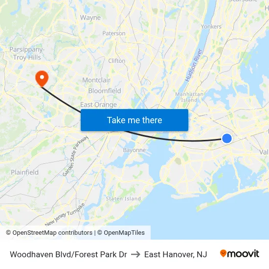 Woodhaven Blvd/Forest Park Dr to East Hanover, NJ map