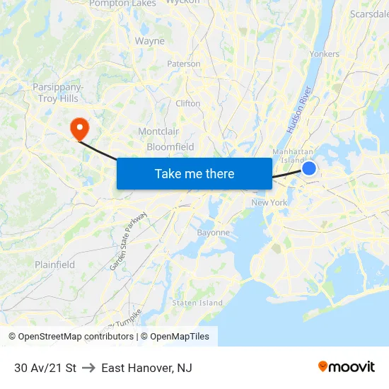 30 Av/21 St to East Hanover, NJ map