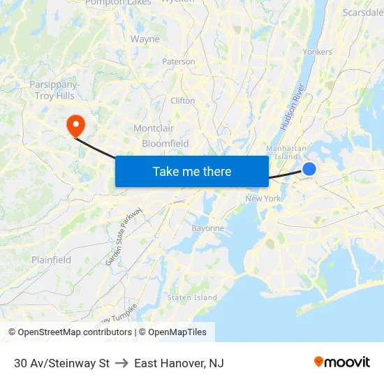 30 Av/Steinway St to East Hanover, NJ map
