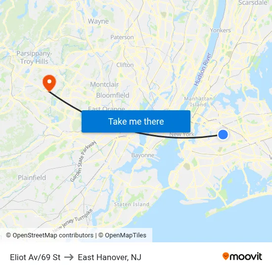Eliot Av/69 St to East Hanover, NJ map