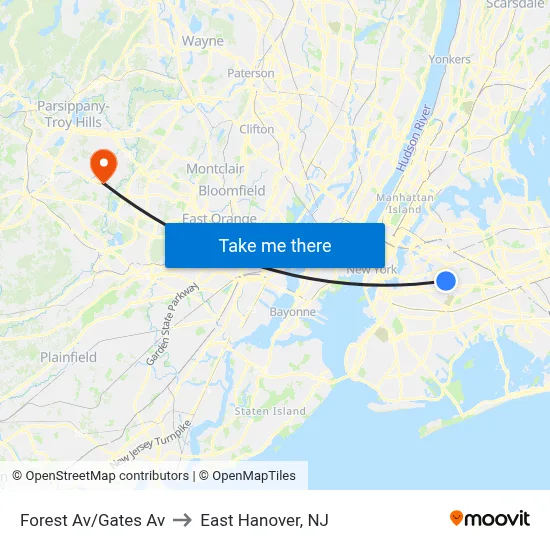 Forest Av/Gates Av to East Hanover, NJ map