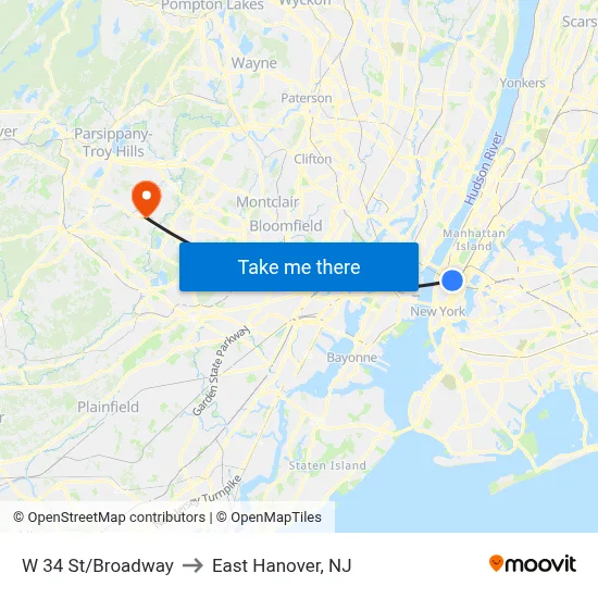 W 34 St/Broadway to East Hanover, NJ map