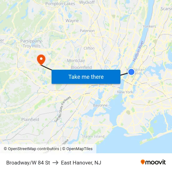 Broadway/W 84 St to East Hanover, NJ map