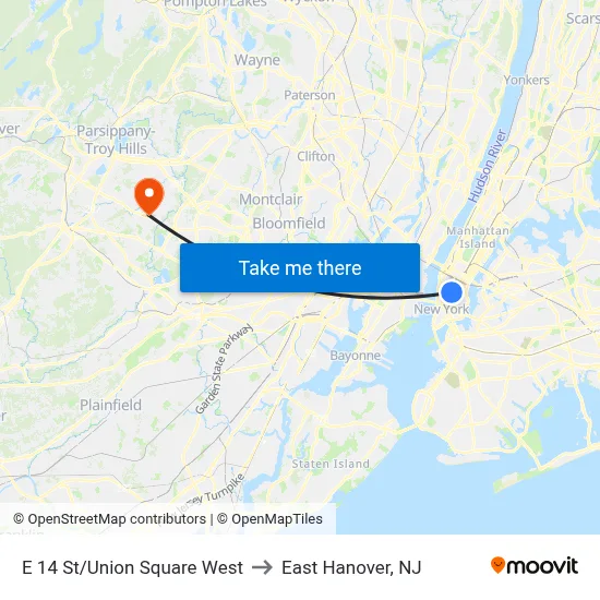 E 14 St/Union Square West to East Hanover, NJ map
