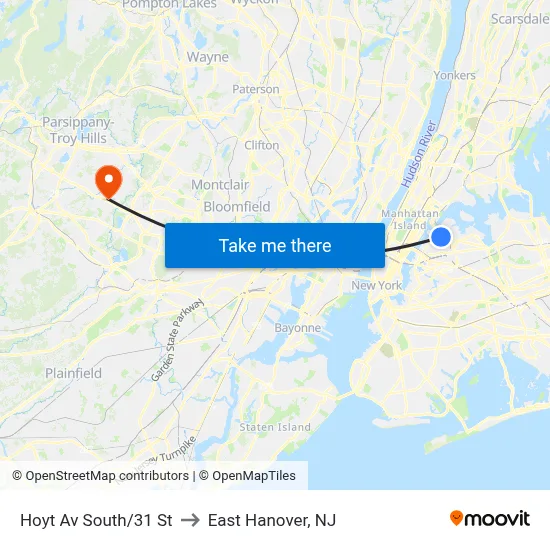 Hoyt Av South/31 St to East Hanover, NJ map
