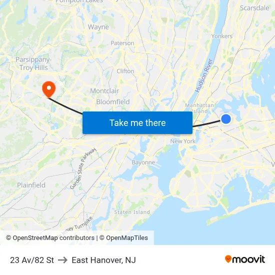 23 Av/82 St to East Hanover, NJ map