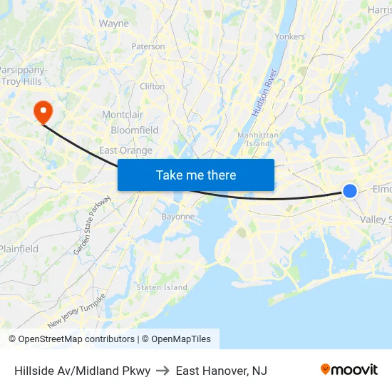 Hillside Av/Midland Pkwy to East Hanover, NJ map