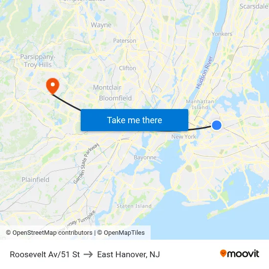 Roosevelt Av/51 St to East Hanover, NJ map